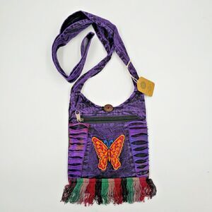 Boho Hippie Crossbody Bag Butterfly Embroidered Small Hobo Fringe Purple Purse